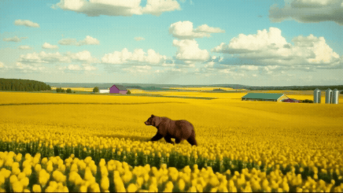 A bear walking among a field of flowers and then a bear walking along wind turbines.