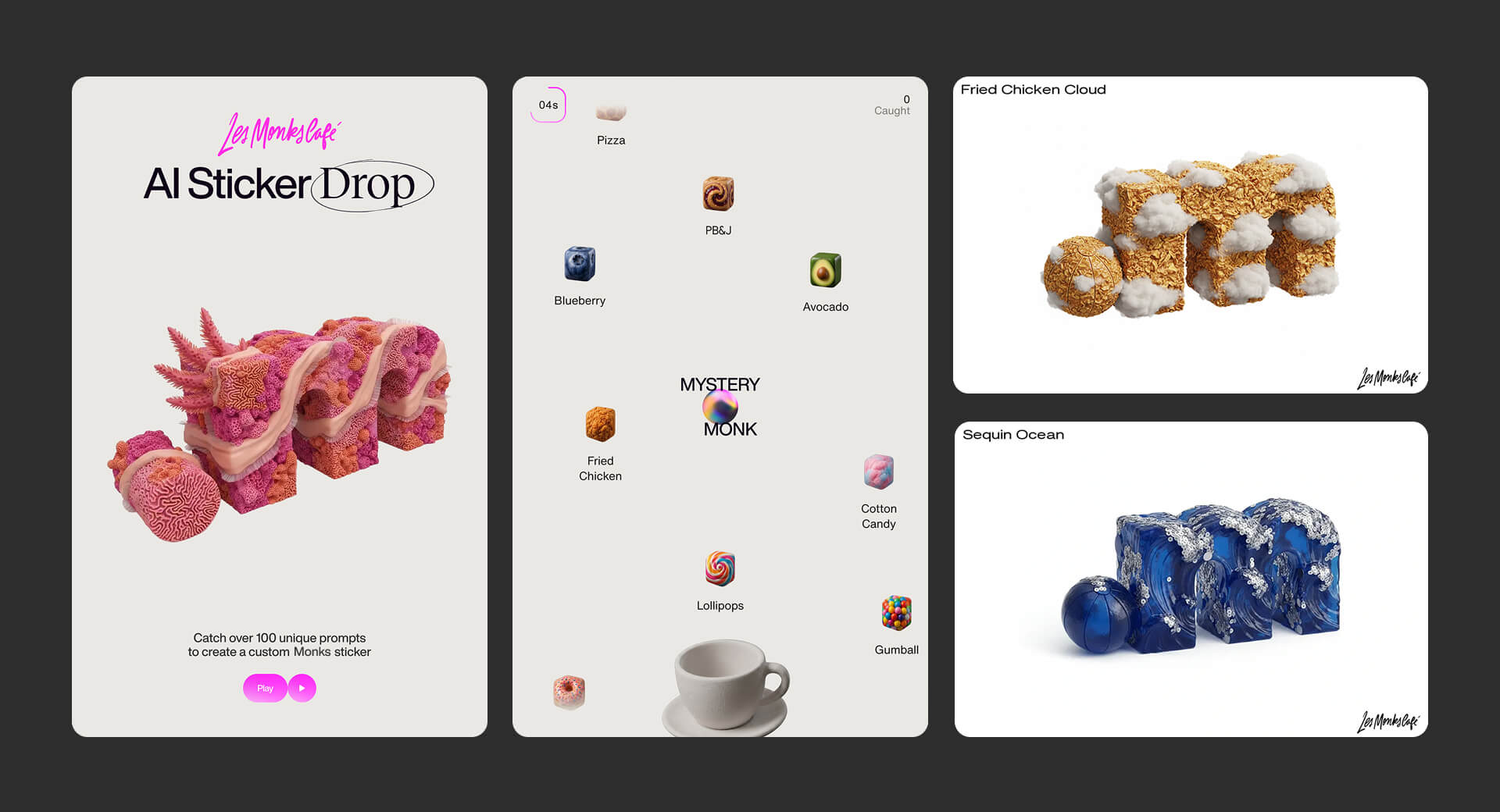 Various screens from the Monks' "AI Sticker Drop" game featuring the Monks "M" with different materials they catch in the game.
