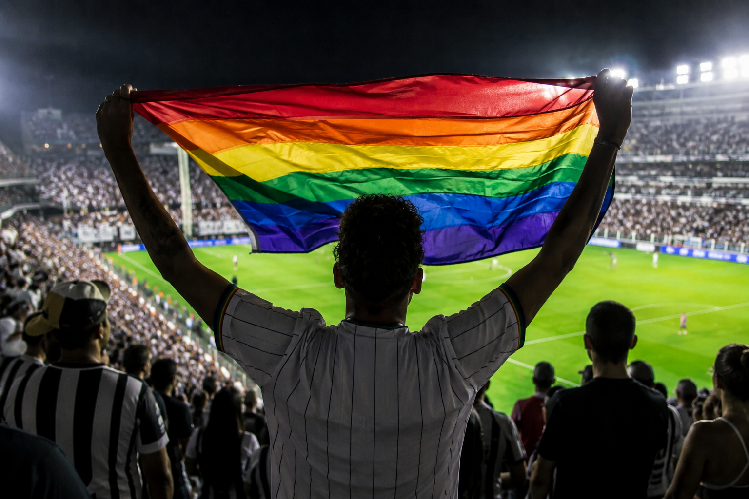 ai generated person with pride flag at stadium
