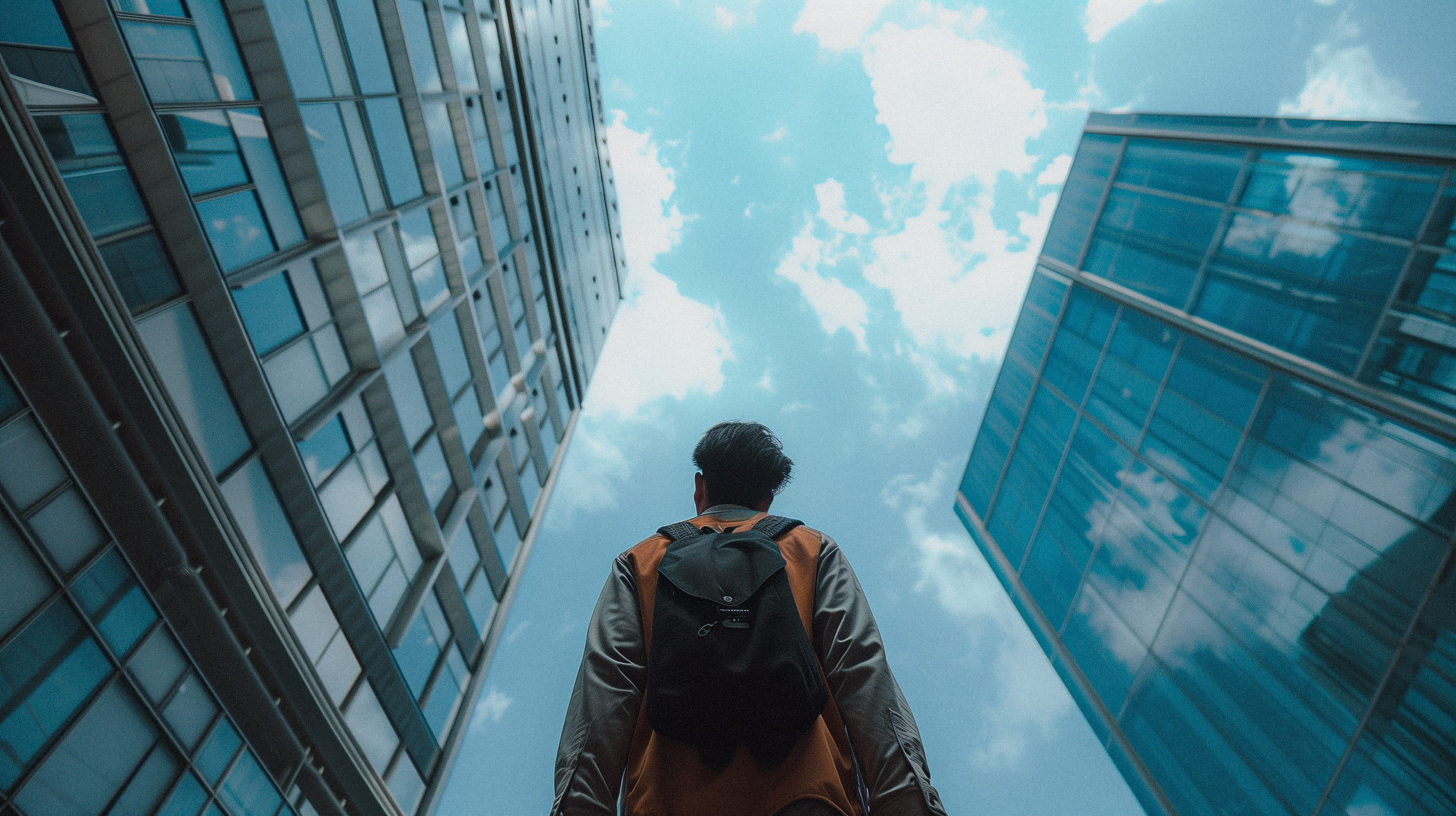 Low angle view of a person with a backpack looking up at modern glass skyscrapers against a blue sky.