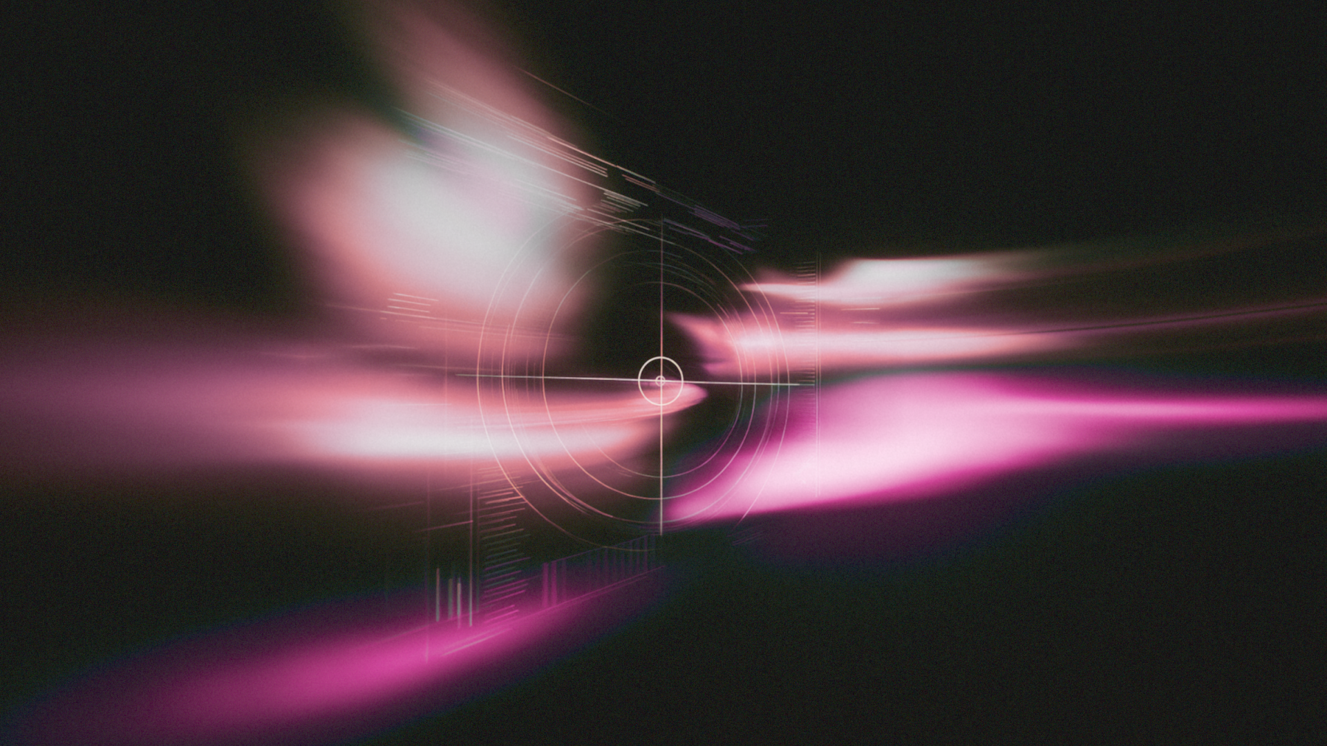 Abstract futuristic graphic with pink and white light trails radiating from a central target