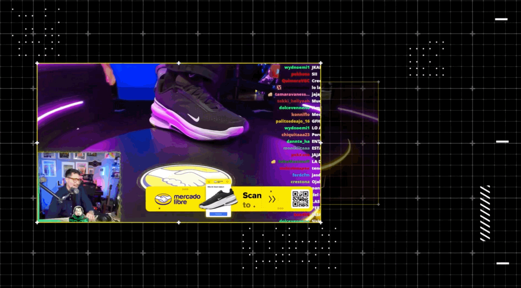 Sneaker Cam view on a live stream: a close-up of the streamer's Nike sneaker under purple lighting, the streamer in a small webcam window, live chat scrolling on the right and a Mercado Libre "Scan to buy" banner with a QR code.