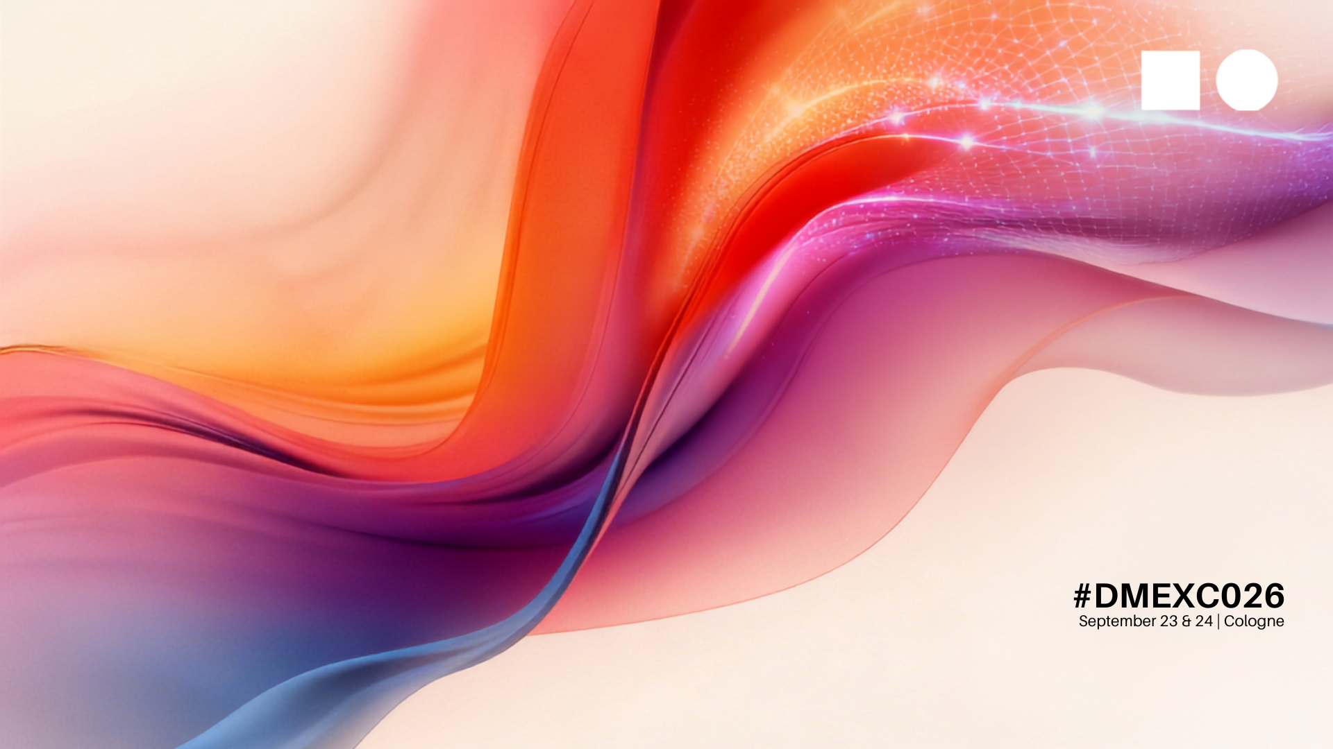 Monks graphic with an abstract wavy background in red, orange, and purple tones. In the center, the text 'SCALING INTELLIGENCE' stands out framed by white bracket corners. In the bottom right corner are the event details: '#DMEXCO26 September 23 & 24 | Cologne'.