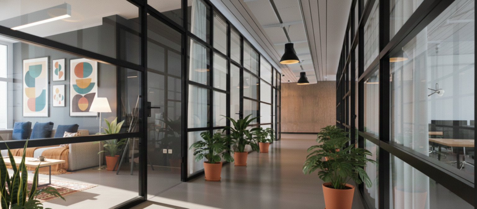 Modern office with glass partitions, plants, and collaborative workspaces."