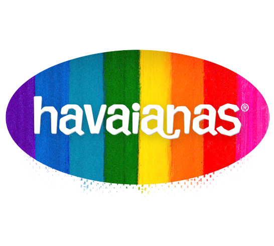 oval filled with a rainbow and the brand name "havaianas" in white atop