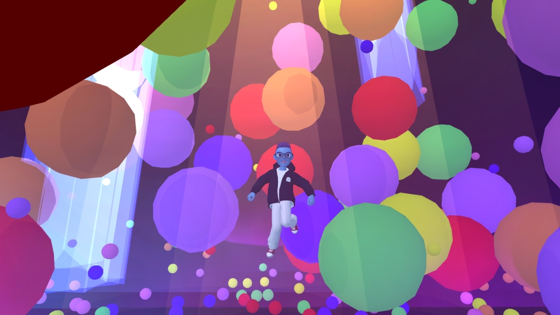 virtual avatar falling from a sky filled with balloons