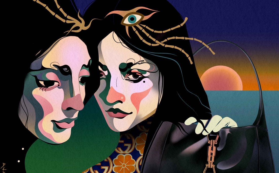 A colorful illustration of two people head to head holding each other