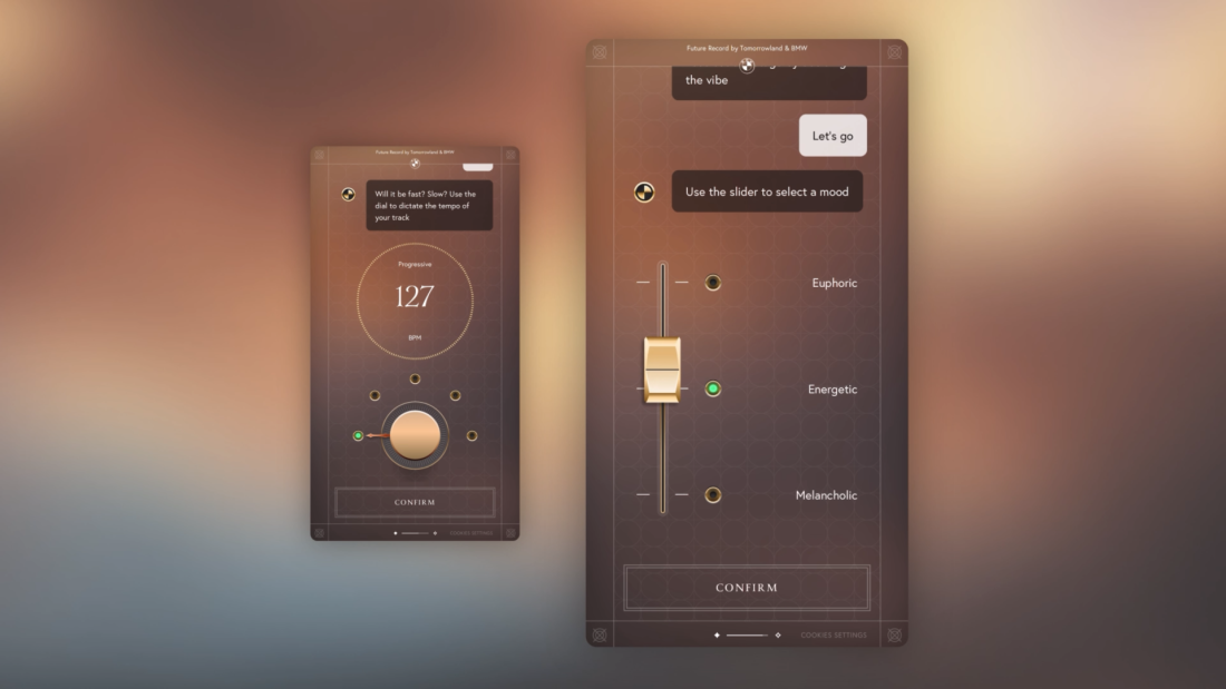 Example of two mobile screens next to each other of the application where you can use the sound slider to pick your type of music.