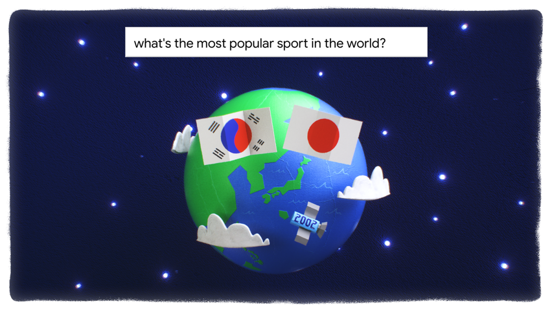 Animation of earth with the Korean and Japanese flag pinned to uit. As well as clouds. With at the top the search bar saying: 'what's the most popular sport in the world?'