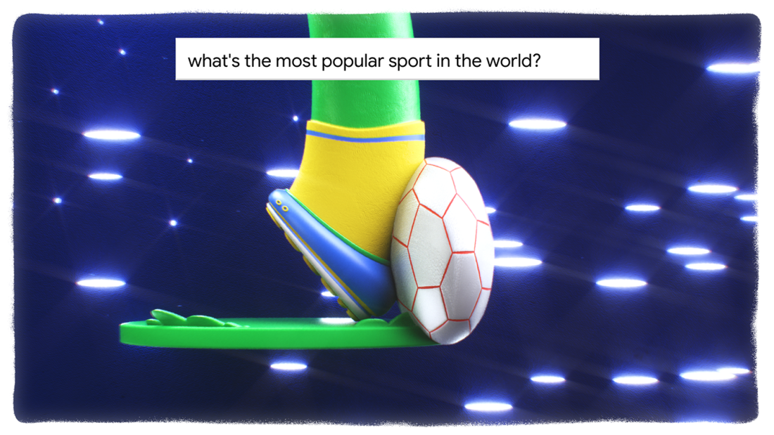 Animation of a foot kicking a ball, the ball is flat. With at the top the search bar saying: 'what's the most popular sport in the world?'