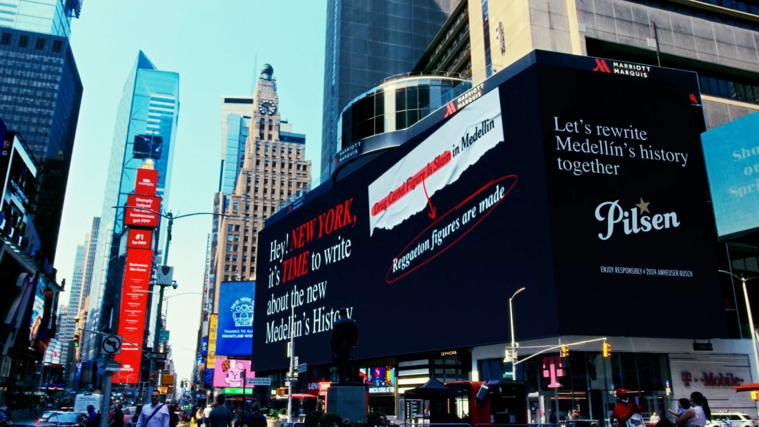 NY time square showing digital billboards with Medellin ads
