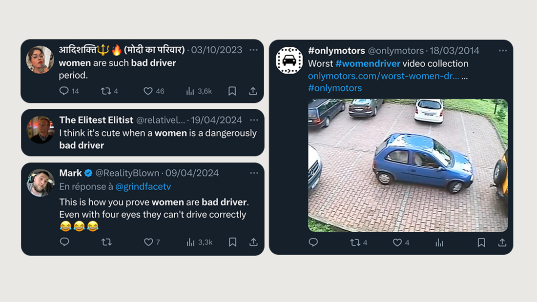 The image displays a collection of Twitter posts, with negative comments about women's driving skills, alongside a video link teasing a compilation of footage labeled "Worst #womendrivers."