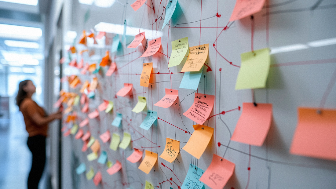A network of post-it notes on a dry erase board