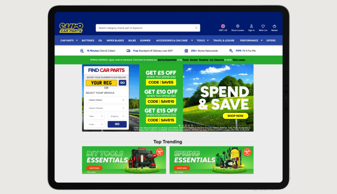 Tablet mock up of EuroCarParts website on tablet with taupe background