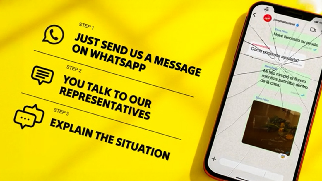 The image shows a bright yellow card with black text outlining three steps to communicate via WhatsApp, alongside a smartphone displaying a conversation with a visual diagram and a photo.