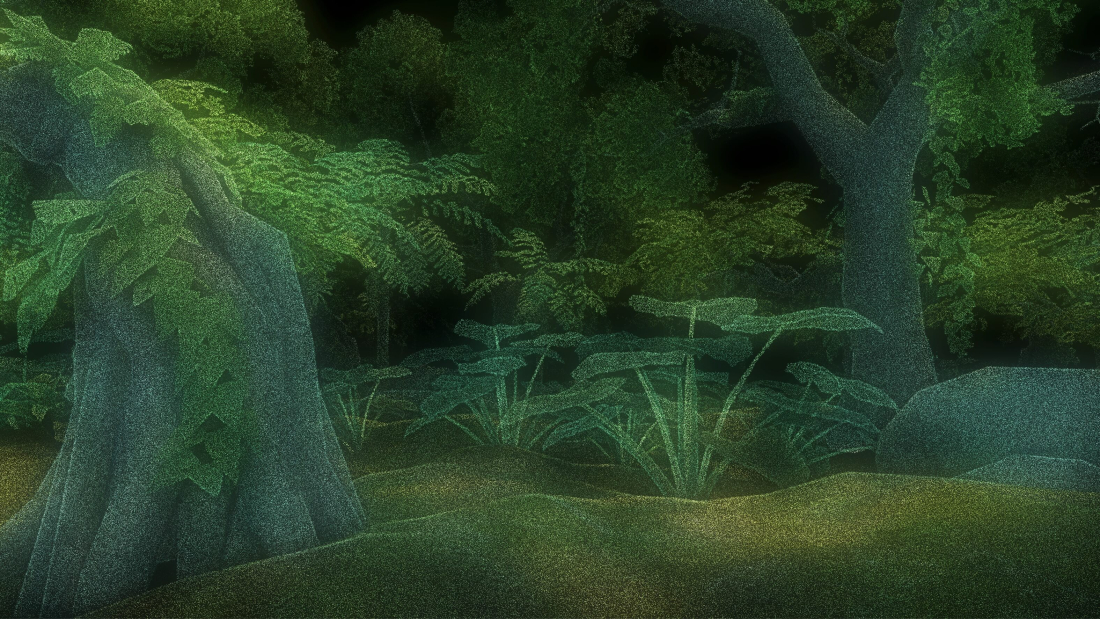 A digital, point-cloud visualization of a forest floor. The image is composed of millions of tiny glowing particles in shades of teal, green, and gold, forming the silhouettes of thick tree trunks and broad-leafed plants against a black background.
