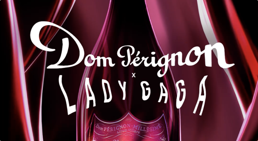 Dom Perignon x Lady Gaga logo in front of velvet curtains