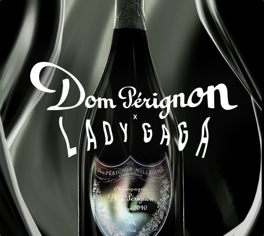 Dom Perignon champagne bottle in front of a black sheet