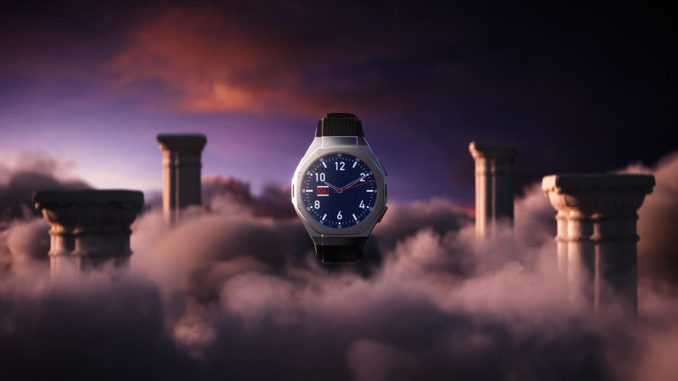 Hyper realistic animation of a boAt_Enigma watch floating above the clouds.