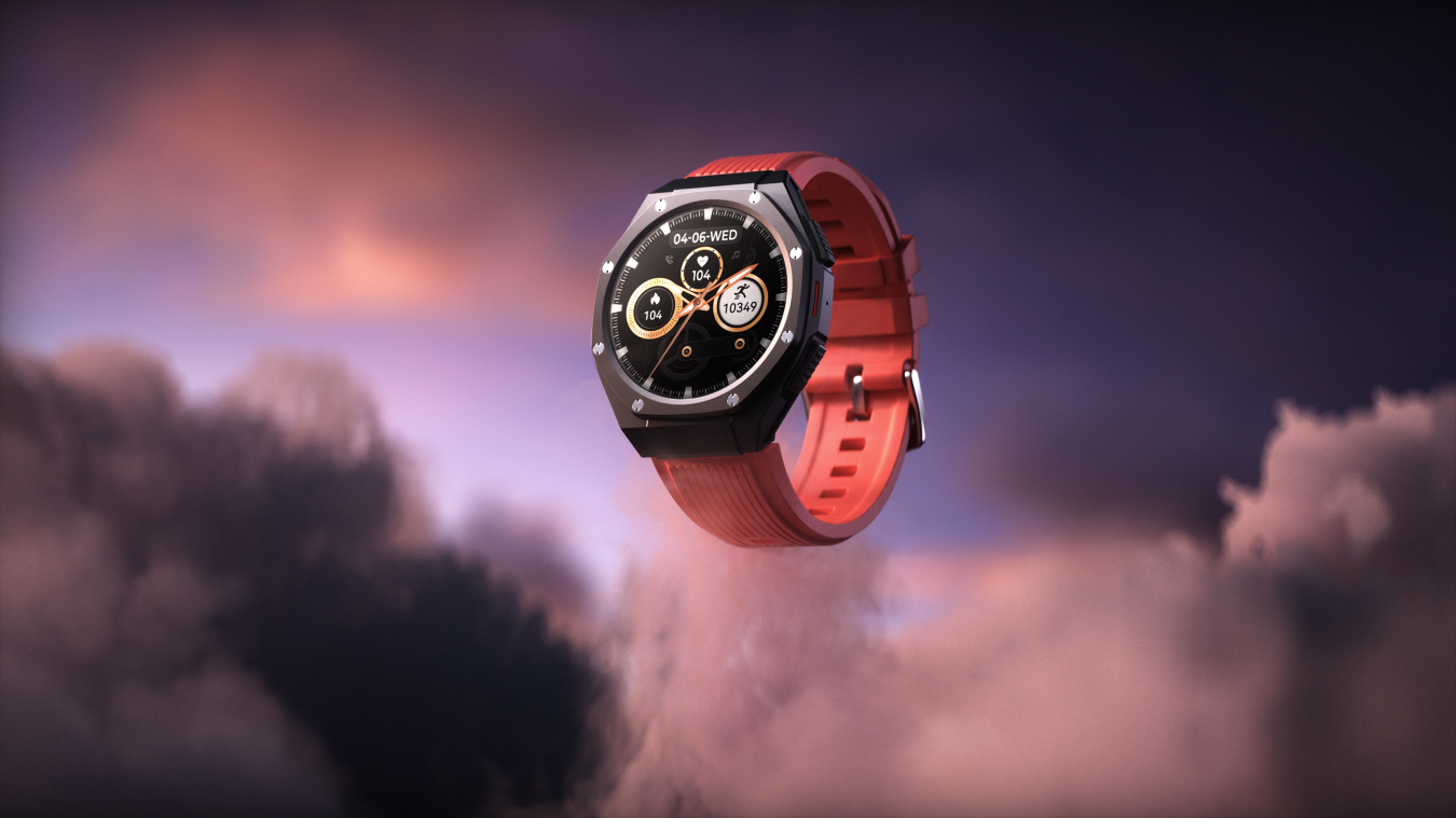 Hyper realistic animation of a boAt_Enigma watch floating above the clouds.