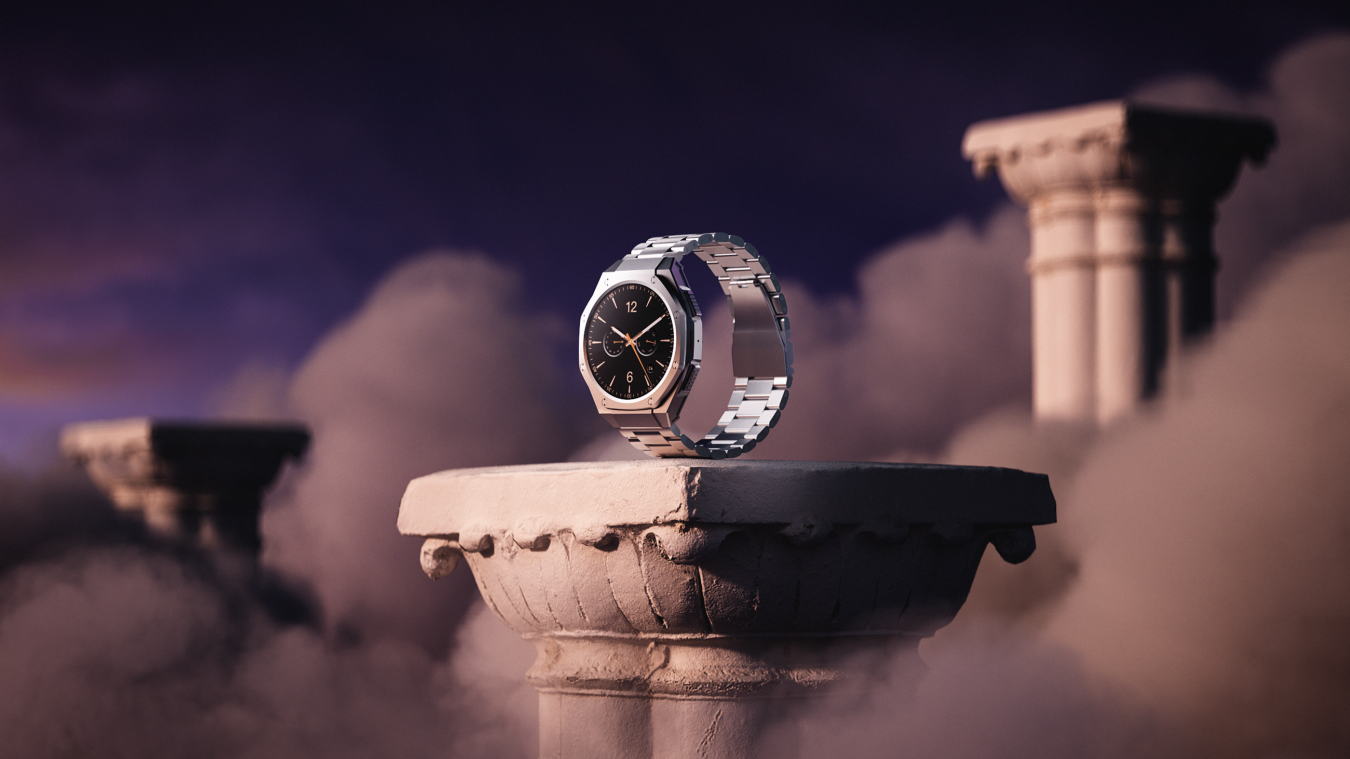 Hyper realistic animation of a boAt_Enigma watch on a roman style column with clouds around it.