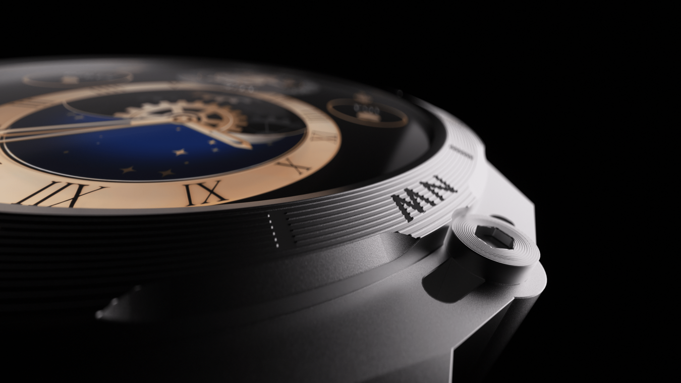 Hyper realistic animation of a boAt_Enigma watch closeup from the side.