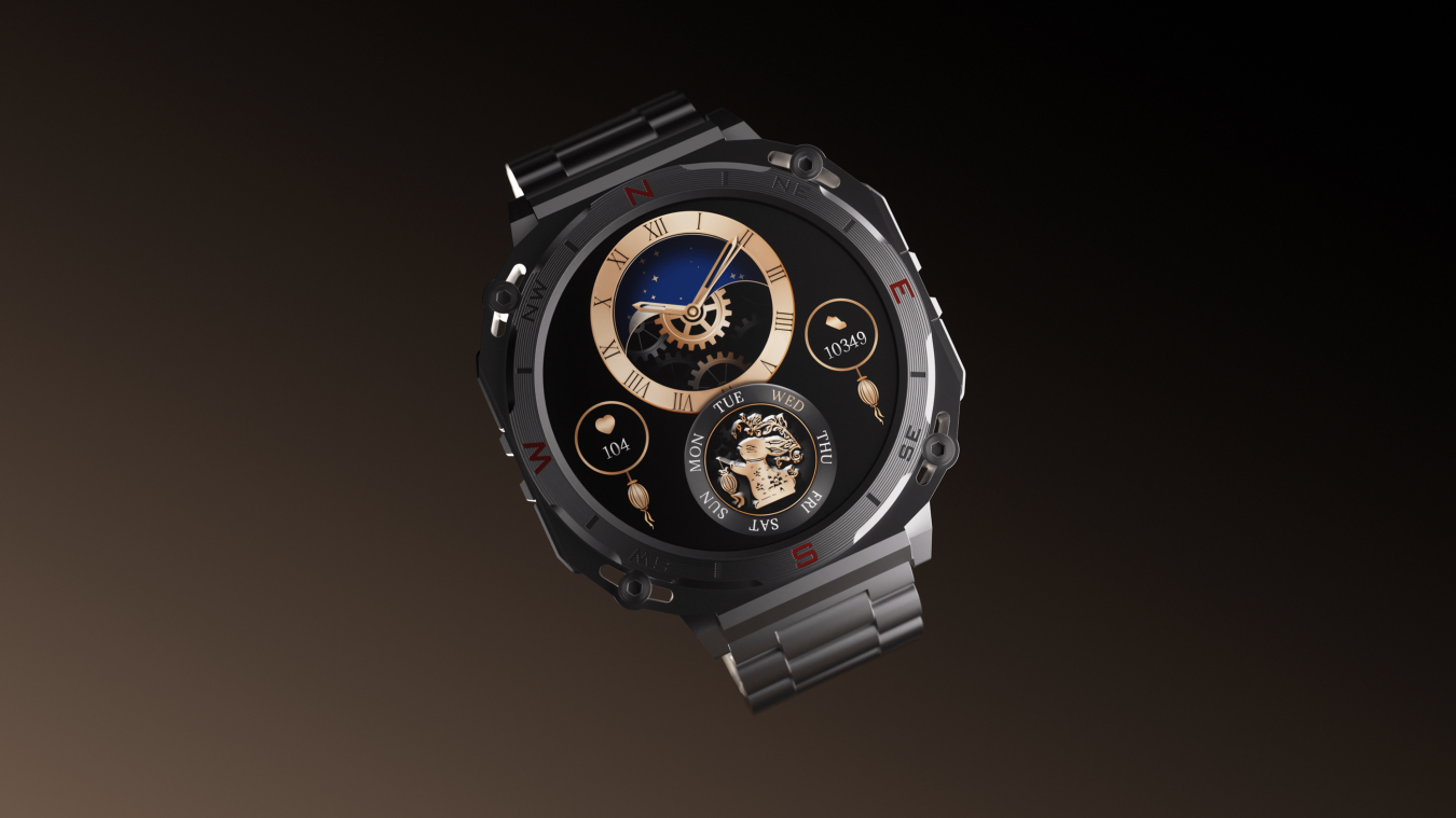 Hyper realistic animation of a boAt_Enigma watch seen from above on a coloured gradient with light brown to dark brown.