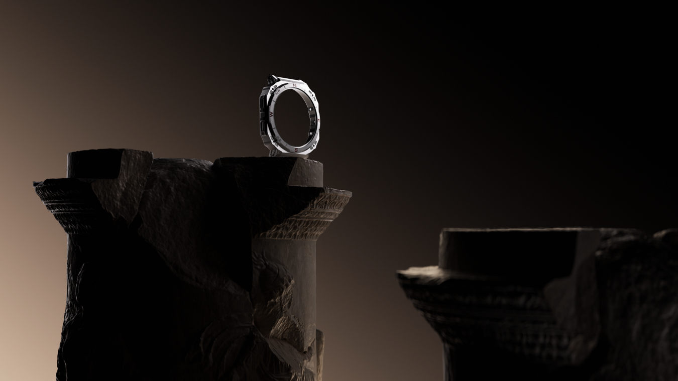 Hyper realistic animation of a boAt_Enigma watch with only the outside edge of the clockwork placed on a roman style column.