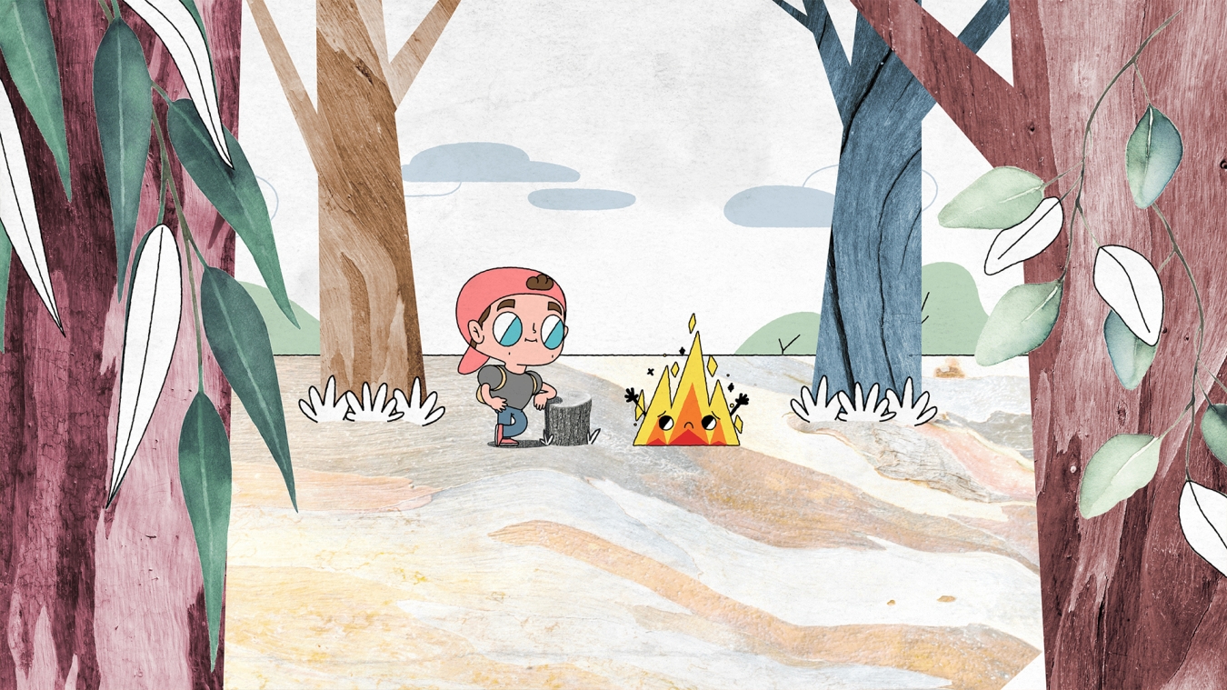 Animation of the hero figure Zack Efron sitting on the ground in a forest next to a camp fire.
