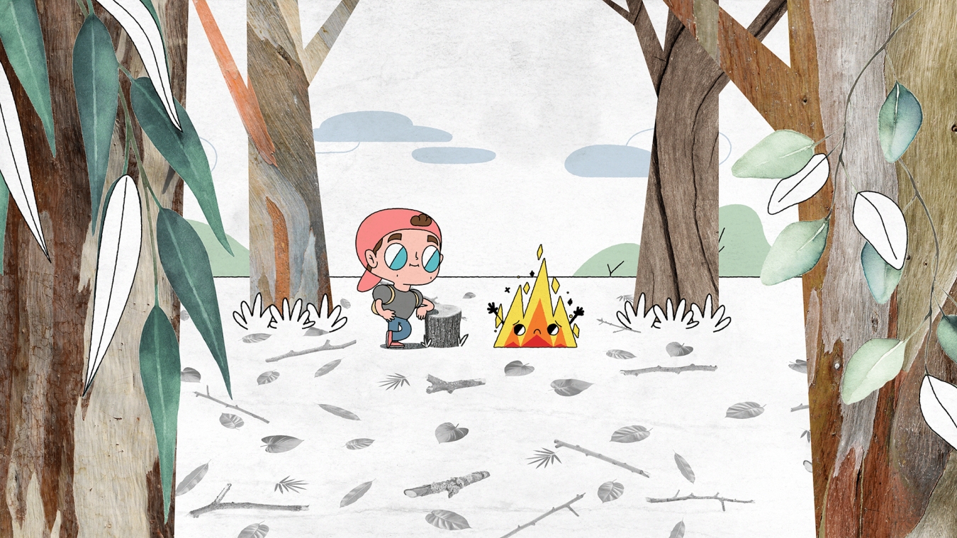 Animation of the hero figure Zack Efron sitting on the ground in a forest next to a camp fire.