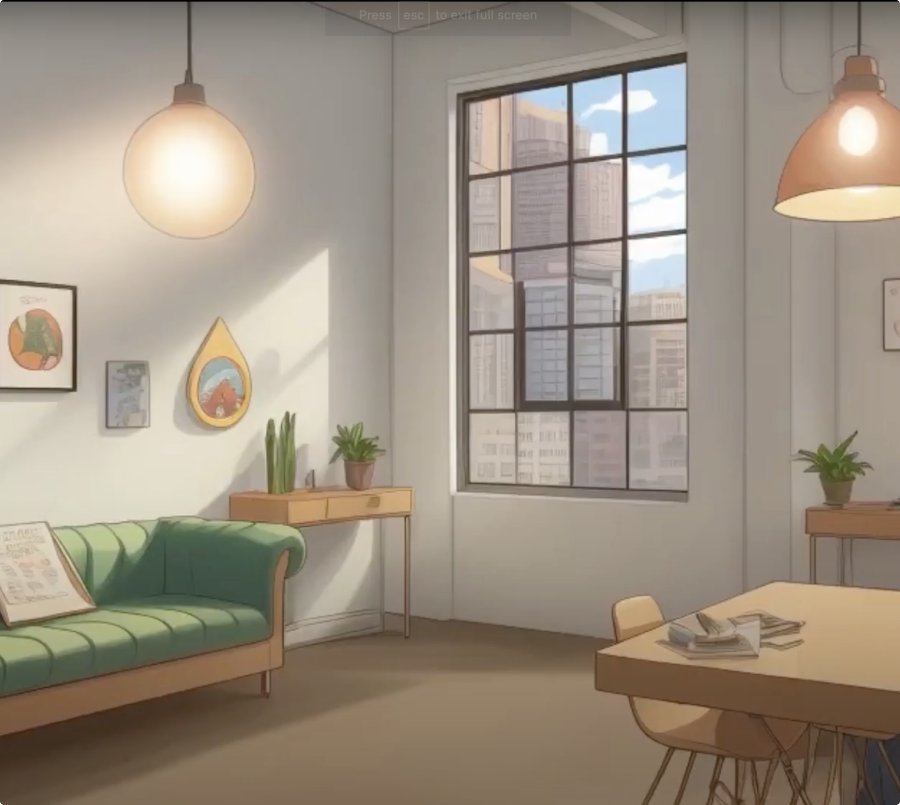 Illustration of a living room with a coach, table, some plants and a big window the looks out to high flats.