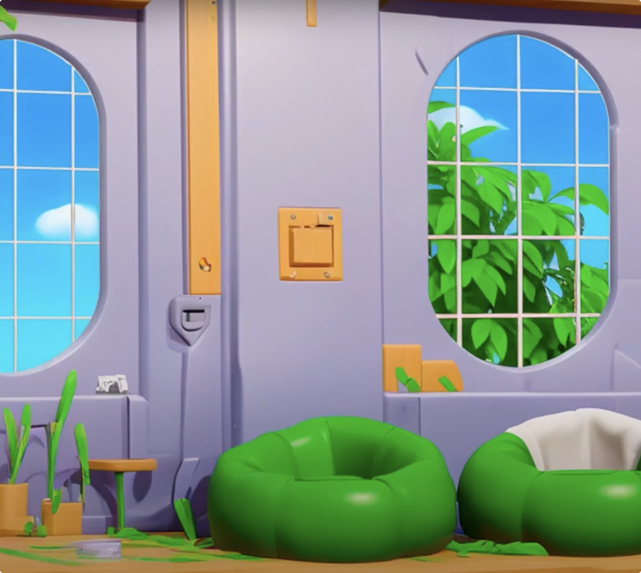 Illustration of a living room with bright green chairs and a purple wall. Two windows that look put on  the garden.