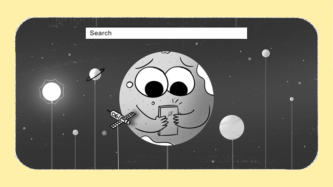 Black and white illustration of a moon with a face holding a mobile phone in it's hands.