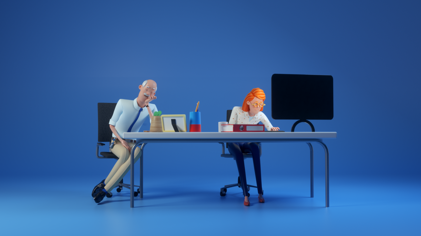 Animation of two IT Characters & assets details. They lay behind their desk that is situated on a blue background.
