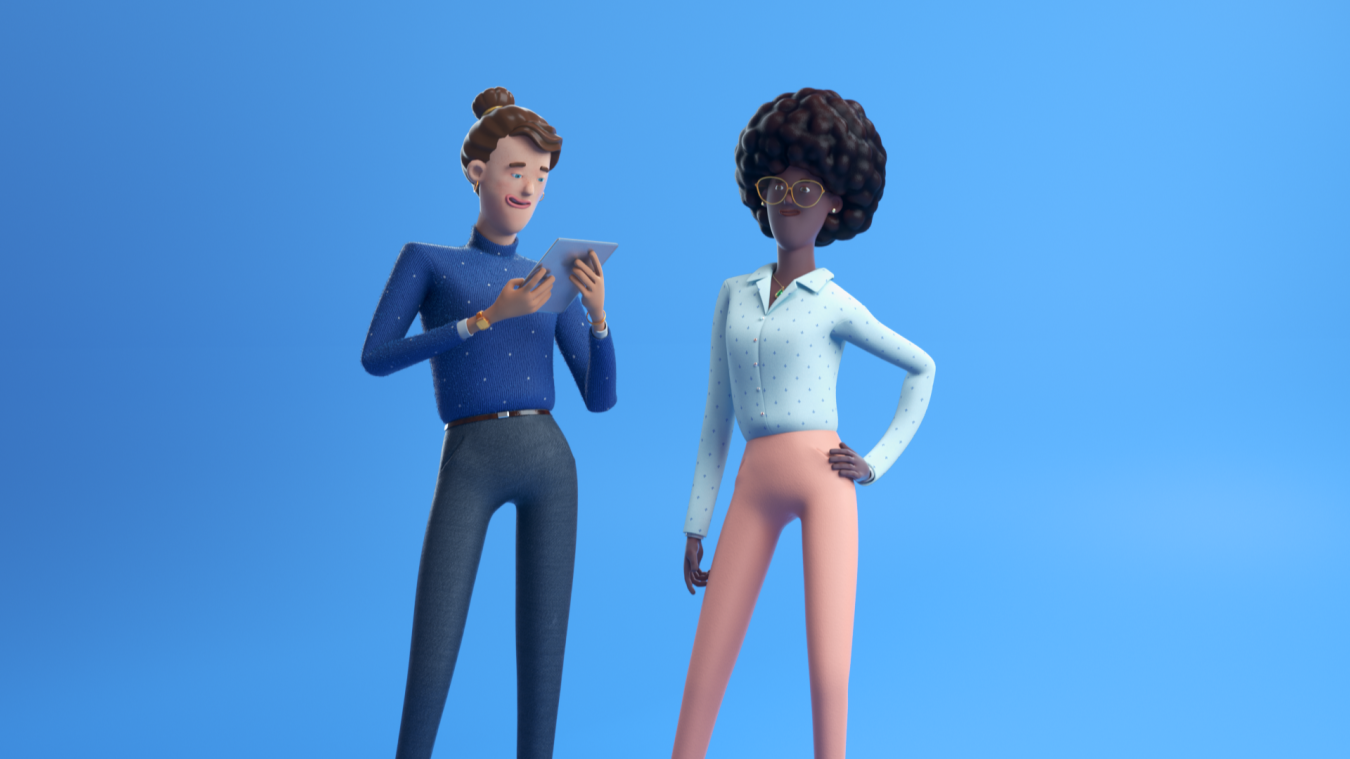 Animation of two female Characters & assets details. They are situated on a blue background.