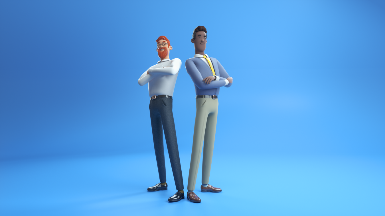 Animation of two male Characters & assets details. They are situated on a blue background.