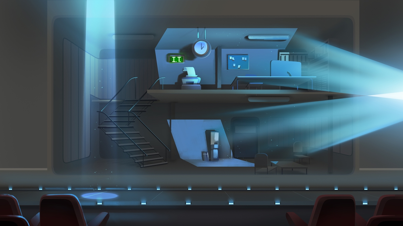 Concept animation of an office structure. All in blue tints