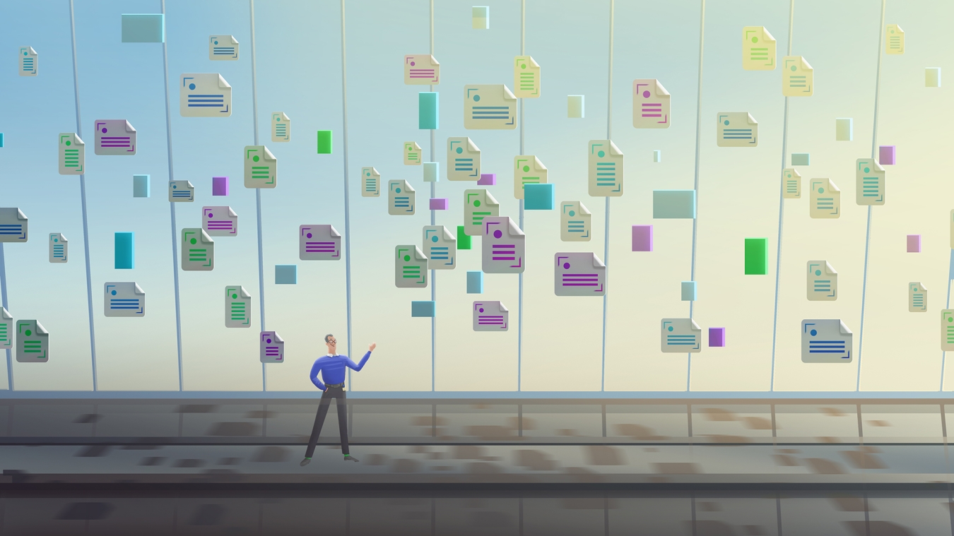 Concept animation of the hero figure standing and all types of icons of folders around him.