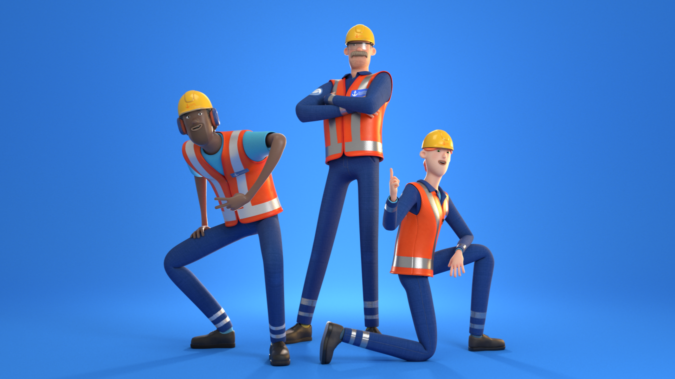 Animation of three working Characters & assets details. They are placed on a blue background.
