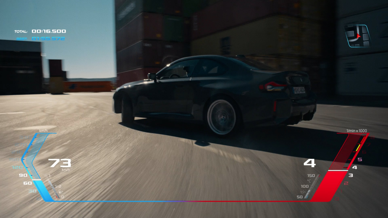 bmw turning around a corner with a gauge showing data points on the car