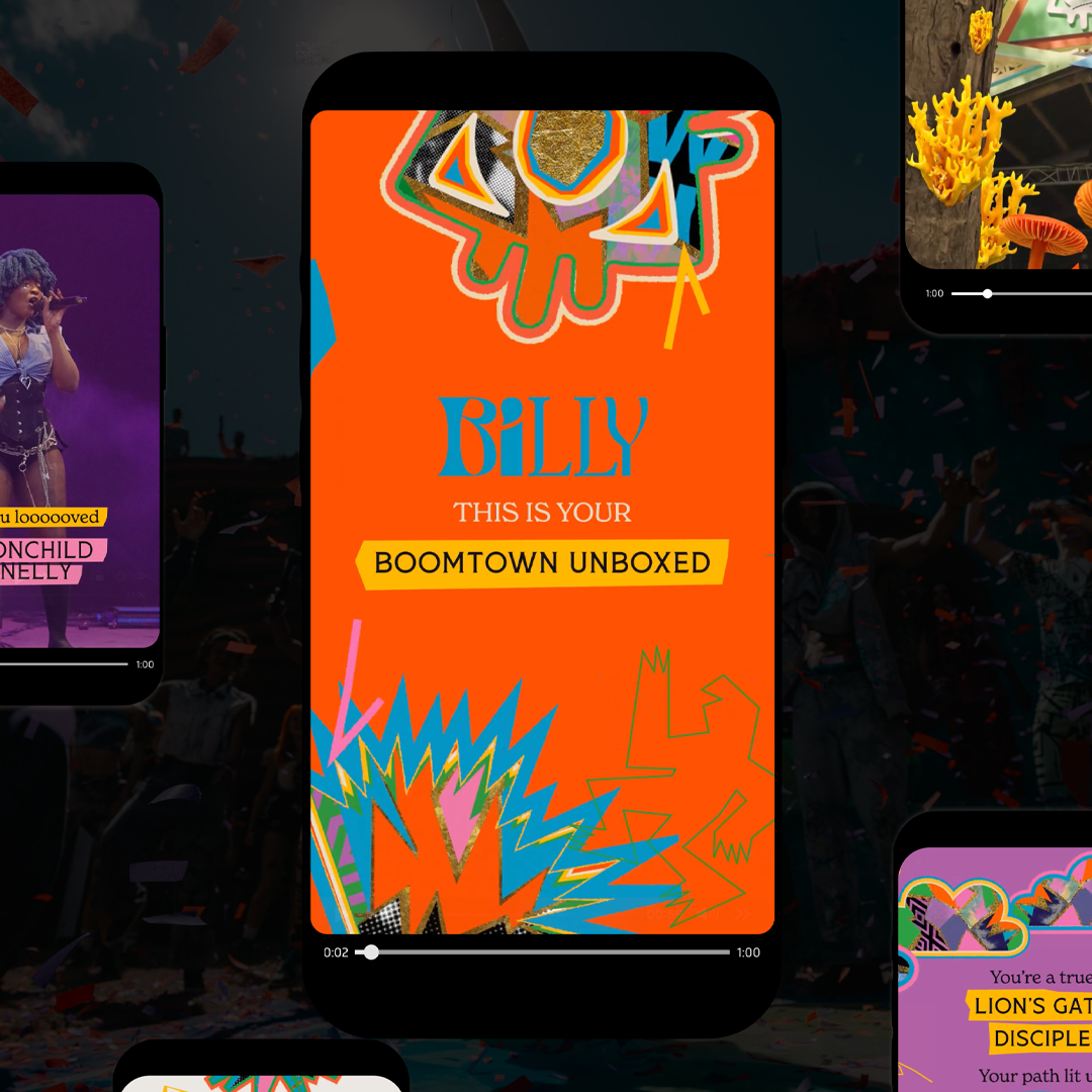 Mobile phones displaying the "Boomtown Unboxed" campaign, showing how generative AI and data were used to create personalized videos for festival attendees, including a custom user experience and a performance by the artist Moonchild Sanelly.