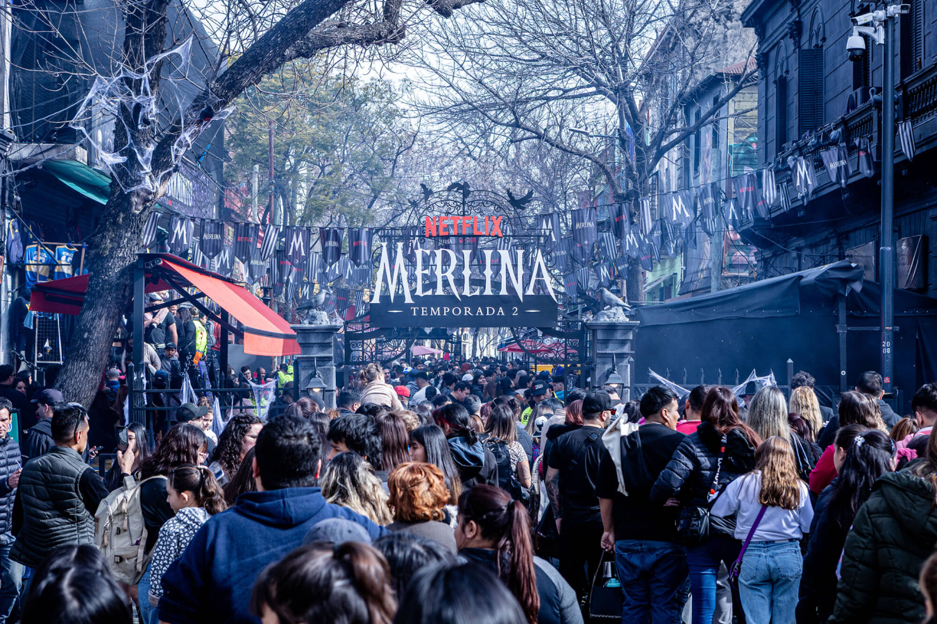 Caminito in Argentina, with streets full of people during the Darkminito experience for the launch of Netflix's Wednesday Season 2.