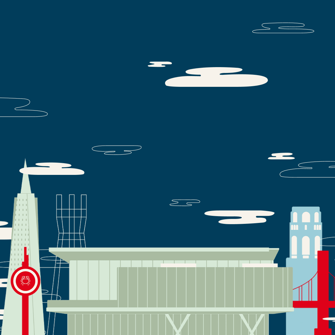 A stylized, flat-vector illustration of the San Francisco skyline against a deep blue sky with minimalist white and outlined clouds. A large, modern, light-green convention center sits in the foreground. To the left are the Transamerica Pyramid, a wireframe outline of Sutro Tower, and the red Fisherman's Wharf crab sign. On the right are a light blue Coit Tower and a red section of the Golden Gate Bridge.