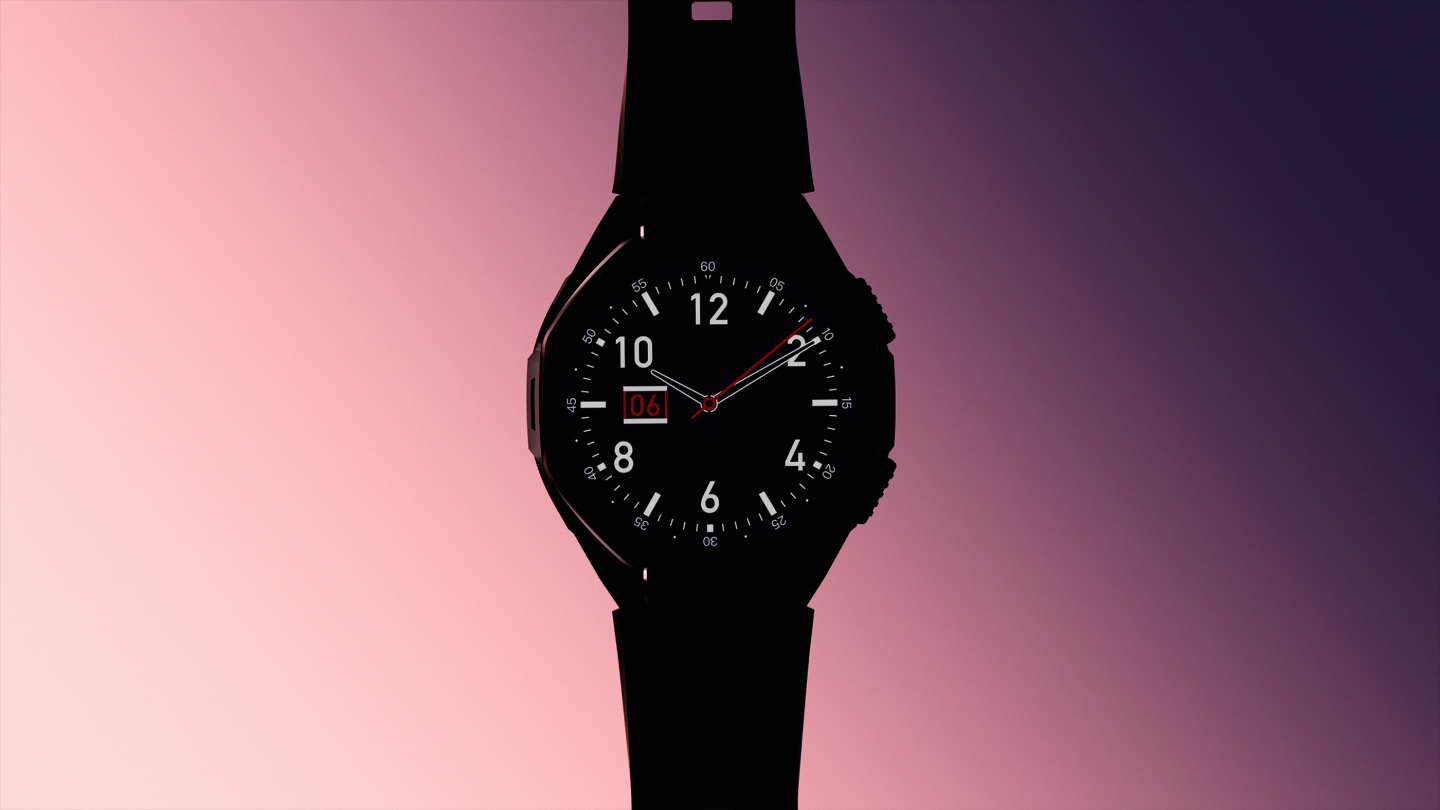Hyper realistic animation of a boAt_Enigma watch seen from the front on a light pink and purple gradient background. 