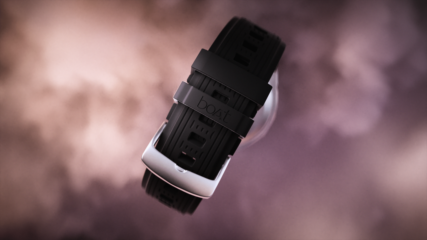 Hyper realistic animation of a boAt_Enigma watch seen from the back floating above the clouds.