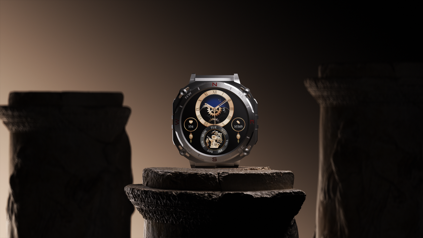 Hyper realistic animation of a boAt_Enigma watch placed on a roman style column.