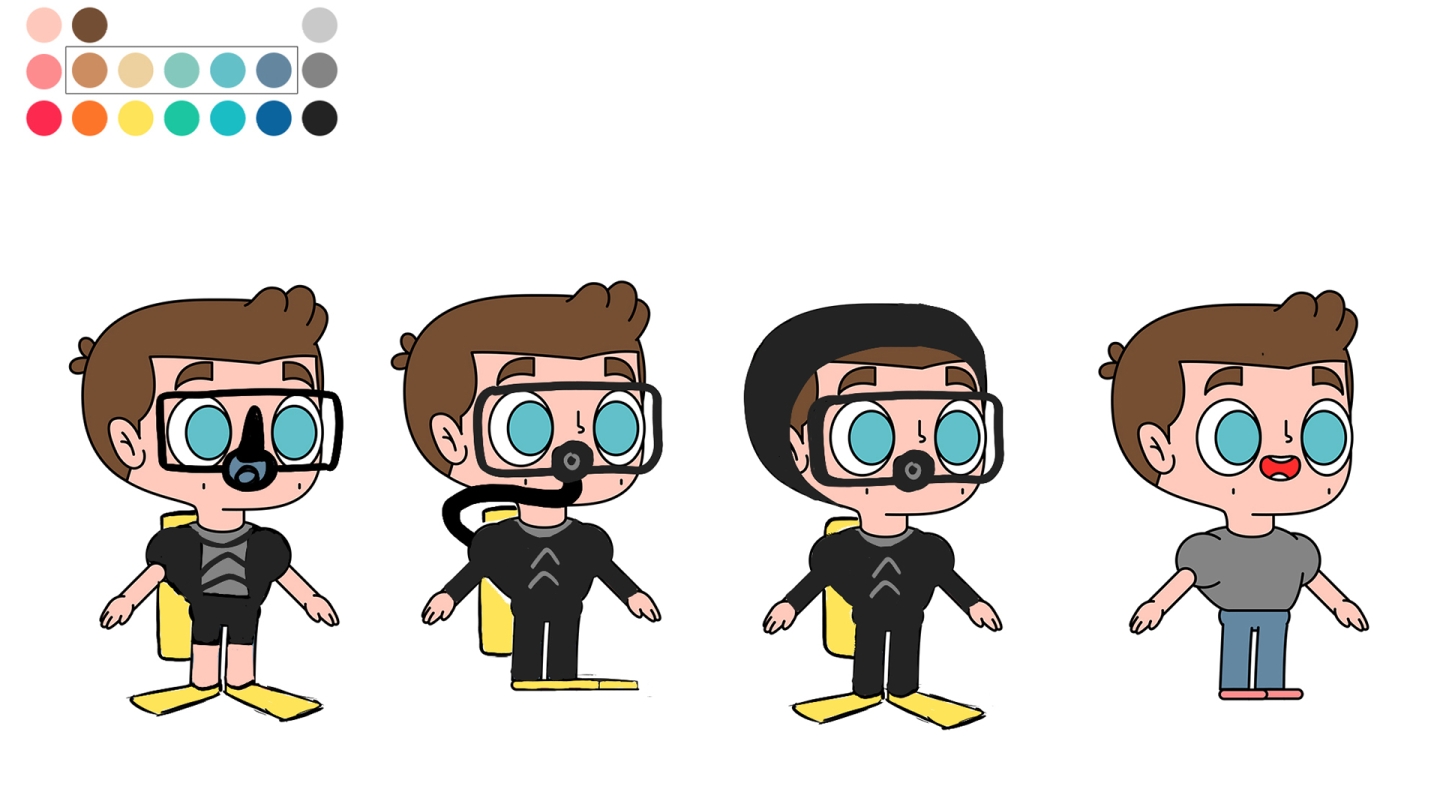 Character design illustratons of the hero of the animation. figure is illustrated with a scuba set.