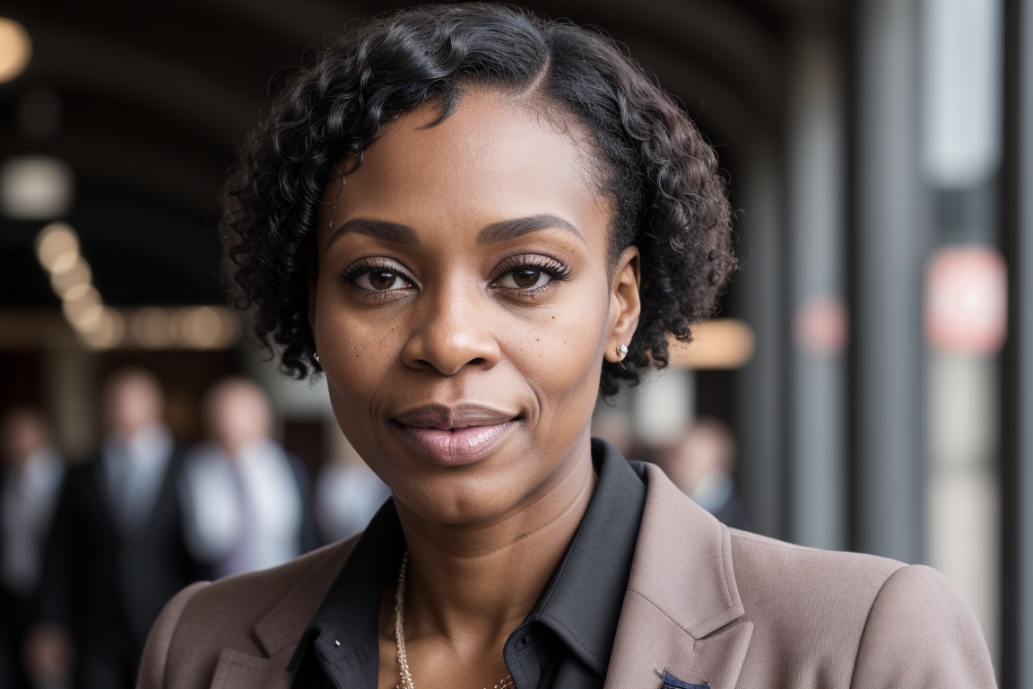 A woman in business attire waiting for a train