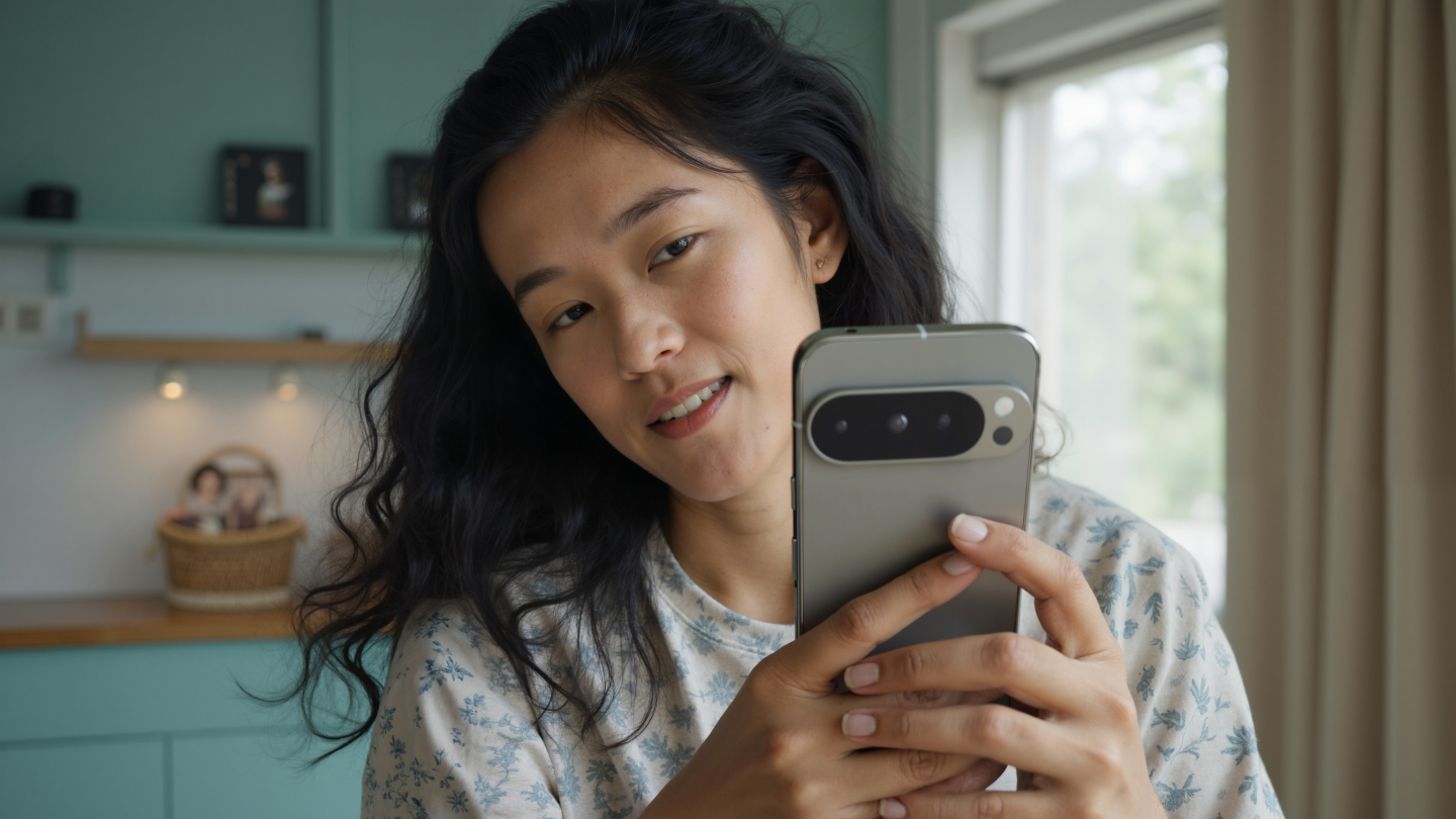 A person taking a selfie with the Google Pixel Pro 9 phone
