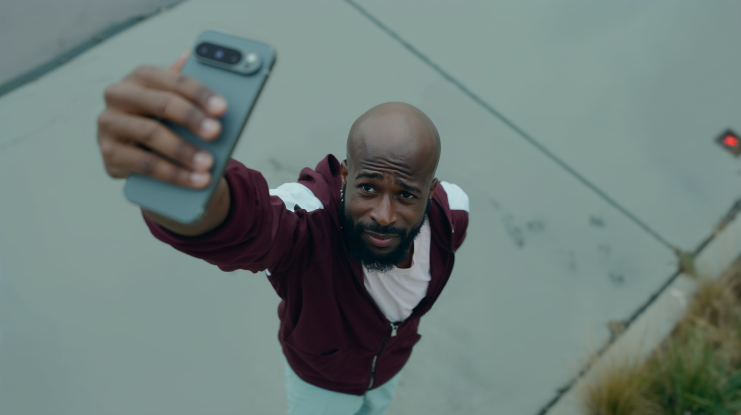 A person taking a selfie with the Google Pixel Pro 9 phone